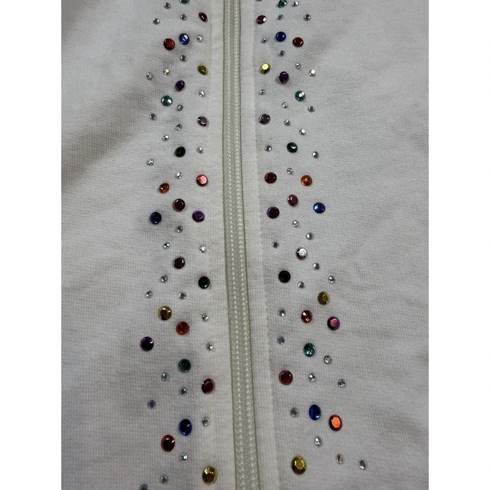 Quacker Factory Womens Full Zip Cream Embellished Rhinestone Hoodie Size 1X